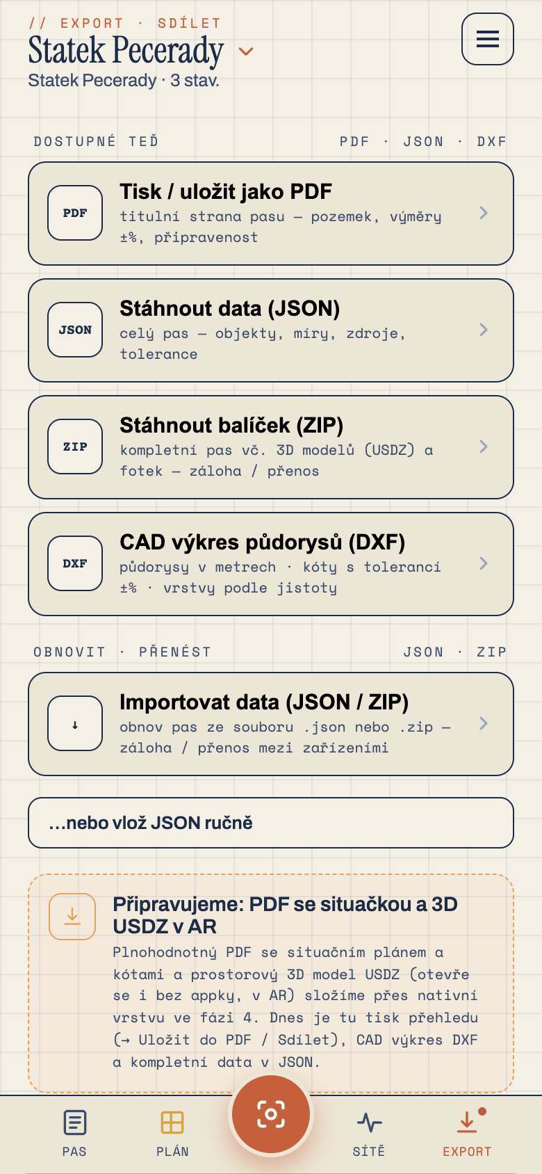Obrazovka exportu v aplikaci Pásek
