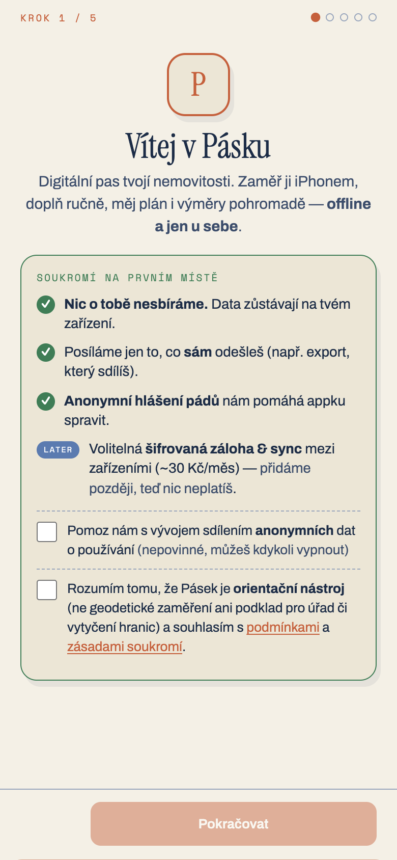 Úvodní obrazovka aplikace Pásek