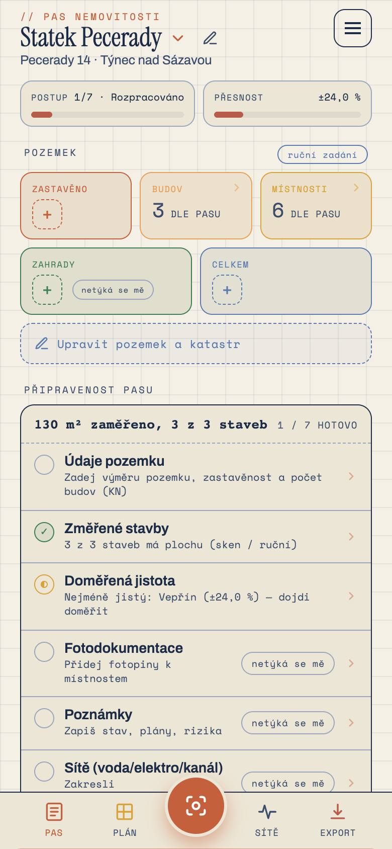 Přehled pasu nemovitosti v aplikaci Pásek